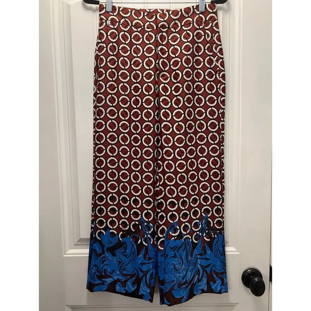 Zara Women's Geometric Print Lightweight Satin Wide Leg Pants Size S Brown Blue‎ - Picture 2 of 5